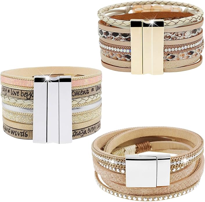 Wowanoo 3Pack Leather Cuff Bracelet Set Multilayer Wrap Bracelet Crystal Feather Tree Bracelet Magnetic Clasp Bracelet for Women