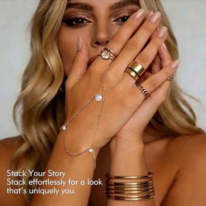 YOIHUR Champagne Gold Plated Hand Chains for Women, Adjustable Hand Chain Bracelet and Ring, Gold Hand Chain Bracelets Stack Jewellery Stars and Cubic Zirconia Hand Jewelry for Valentine's Day
