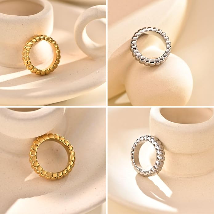 NOKMIT 14K Gold Filled Chunky Statement Rings for Women Cute Puffy Dome Croissant Thumb Band Non Tarnish Comfort Fit Size 5-10