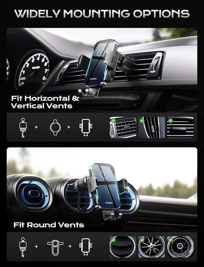 CHGeek Wireless Car Charger, 15W Fast Charging Car Phone Holder Charger Auto-Clamping Air Vent Car Phone Mount with Blue LED Backlit for iPhone 16 15 14 13 12, Samsung S24 S23 S22, etc