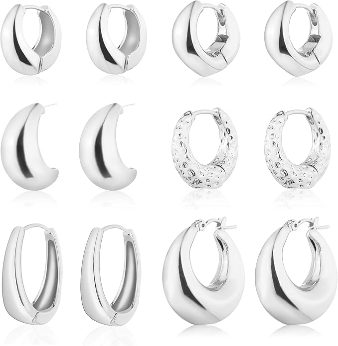 Wgoud 6 Pairs Gold Hoop Earrings Set for Women, 14K Gold Plated Hypoallergenic Lightweight Chunky Open Huggie Hoops Earrings Jewelry for Gifts.