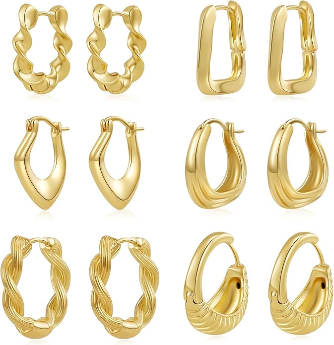 6 Pairs Gold Hoop Earrings Set for Women, 14K Gold Plated Huggie Chunky Earring Variety Pack, Hypoallergenic Thick Jewelry Gift