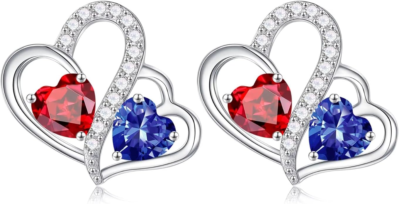 Iefil Valentines Day Gifts for Her - Birthstone Earrings Gift for Women, 925 Sterling Silver Double Heart Birthstone Earrings | Anniversary Birthday Gifts for Women, Personalized Jewelry for Wife Mom