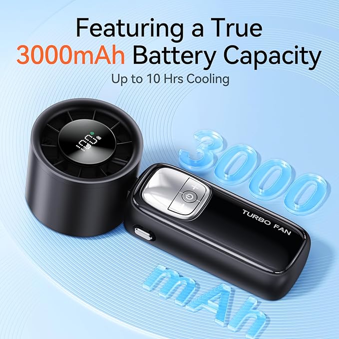 3-in-1 Portable Handheld Turbo Fan-100 Speeds, 15000 RPM, 10Hrs Cooling, LED Display, 90° Rotation, USB Rechargeable Battery Powered, Mini Foldable Hand Held Personal Fan for Women Men (Black)