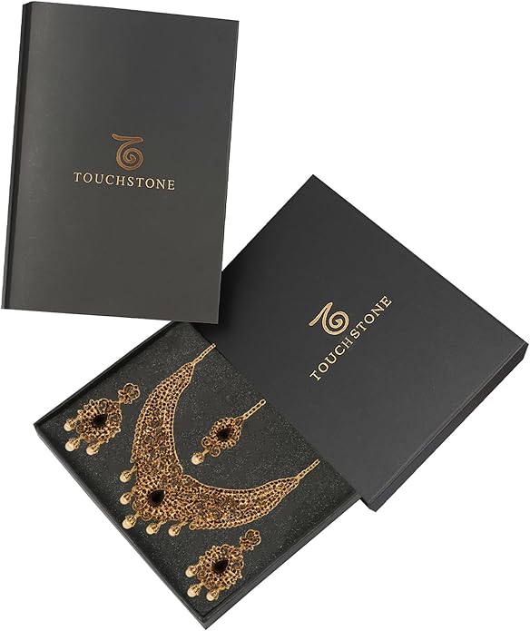 Touchstone Indian jewelry sets for women tikka wedding necklace costume guest statement bollywood rhinestones crystal faux pearls gold big royal neck piece set bridal fashion accessories