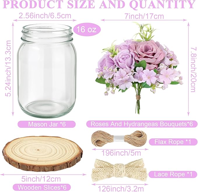 Set 6 Mason Jar Table Centerpiece - Wedding Centerpieces for Tables, Mason Jar Flower Centerpiece Vases Decor- Boho Farmhouse Rustic for Engagement, Bridal Shower, Wedding, Versatile Decor (Purple)