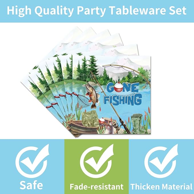 96PCS Gone Fishing Plates and Napkins Party Supplies - Fishing Birthday Party Decorations Fishing Themed Disposable Paper Tableware Set Serves 24 Guests