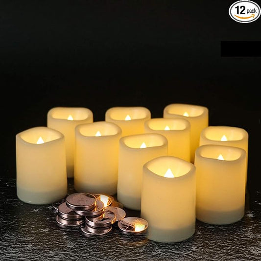 GenSwin Waterproof Outdoor Flameless Candles Flickering with Timer, Battery Operated LED Pillar Votive Tealight Candles(Battery Include), Set of 12 Plastic Warm Light(White, 1.5 x 2 Inch)