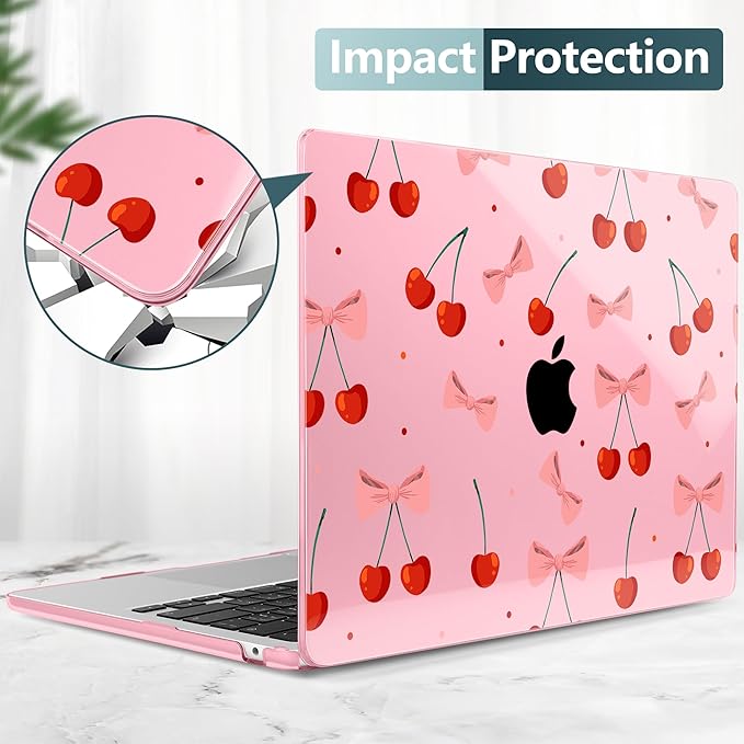 TWOLSKOO Compatible with M4 MacBook Air 15 inch Case 2025-2023 Released Model M4 A3241 M3 A3114 M2 A2941, Plastic Hard Shell & Screen Protector & Keyboard Cover & Type C Adapter, Cute Cherry