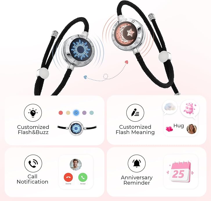 TOTWOO Long Distance Touch Bracelets for Couples, Smart Light & Vibration Love Jewelry, Long Distance Valentines Day Gifts for Him Her Women Men, One-to-One Bluetooth Pairing via App