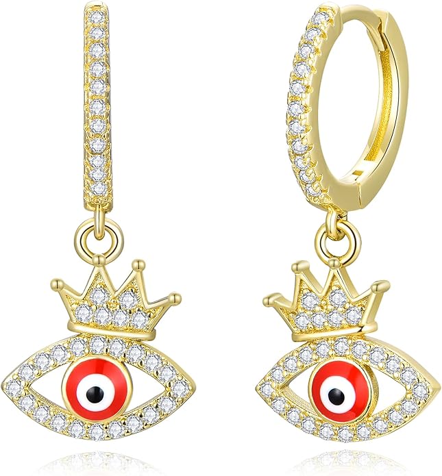 Evil Eye Earrings 14K Gold Crown Delicate Crystal Devil's Eye Huggie Drop Earrings, Fashion Christmas Jewelry Gift for Her Evil Eye Jewelry Gifts for women