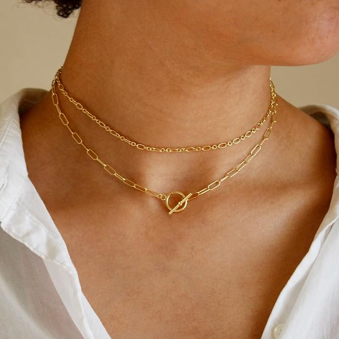 CHESKY Layered Necklaces for Women, 14K Gold Plated Chain Necklace Women Trendy Cuban Link Paperclip Chain Toggle Clasp Necklace Fashion Chunky Jewelry for Women