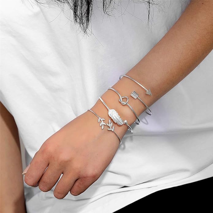 Starain 4Pcs Rose Gold Bracelets for Women Simple Leaf Arrow Feather Knot Heart Bangle Bracelet Adjustable Cuff Bracelet Set
