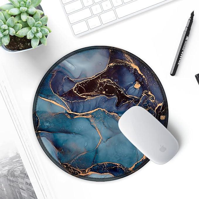 ITNRSIIET Round Mouse Pad with Stitched Edge Premium-Textured Waterproof Non-Slip Rubber Base Desktop Protection Mat Diameter 8.7 inches, Blue and Black Marble