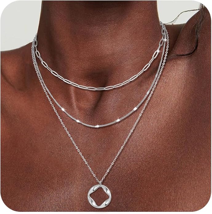 3Pcs Layered Necklace for Women Stackable Necklaces Silver Rosegold Gold Plated Chain Dainty Set Gifts Circle Pendant Paperclip Chain Choker Necklaces Trendy Personalized Jewelry Set Gifts for Women