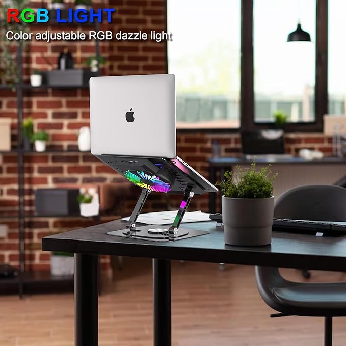 Laptop Stand,with 360°Rotating Base,External Cooling Fan,Adjustable RGB Lighting,Ergonomic Foldable Notebook Computer Holder.Compatible with All 10-17" Laptops Tablets,Black