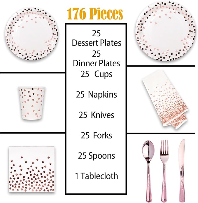 176 Pieces Rose Gold Disposable Party Dinnerware Set &Golden Dot Disposable Party Dinnerware - White Paper Plates Napkins Cups, Gold Plastic Forks Knives Spoons (25 Guests,176 Pieces)