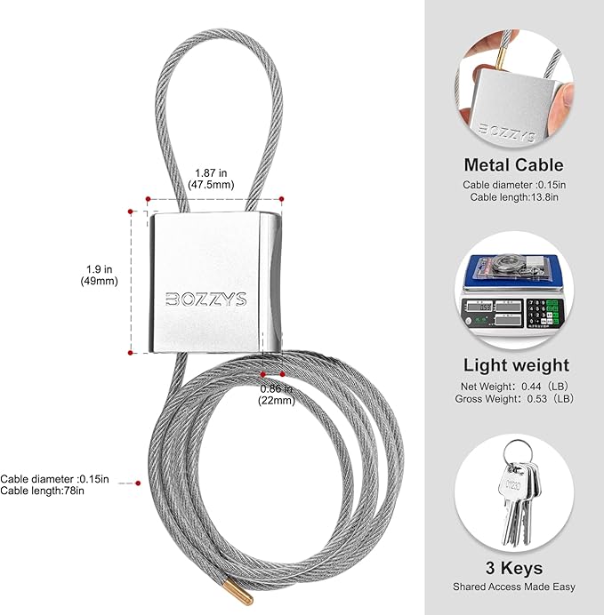 Cable Lock with 3 Keys | L 6.56ft(2m),D 1/6in(4mm) Adjustable Steel Cable Padlock | Aluminum Locks for Bikes, Gate, Lockers & Outdoor Gear | Weatherproof& Silver