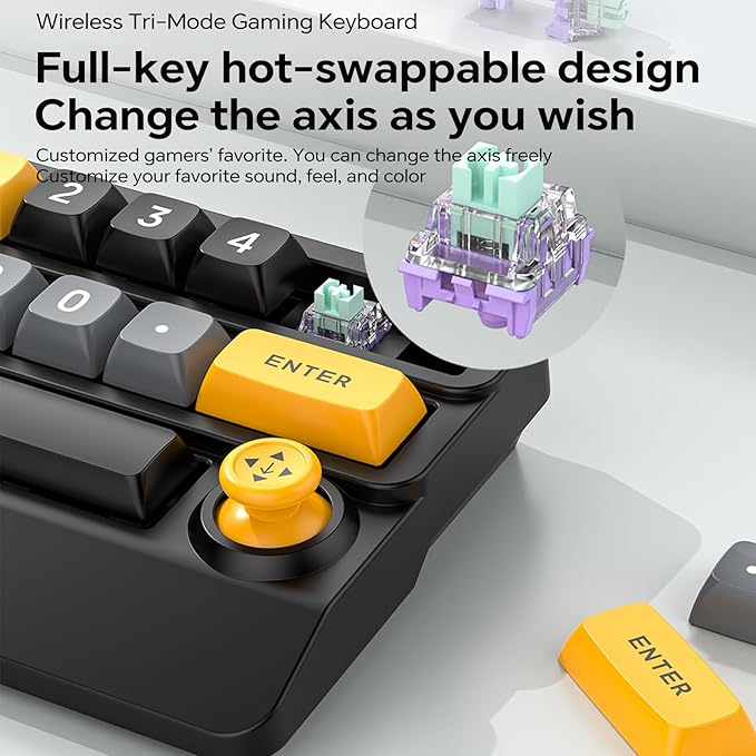 Adventurers W909 Wireless RGB Mechanical Numeric Keypad, Hot-Swappable, Macro-Programmable Numpad, Joystick & Knob Control for PC/Tablet/Laptop/Phone, Tri-Mode Connectivity (Yellow on Black)
