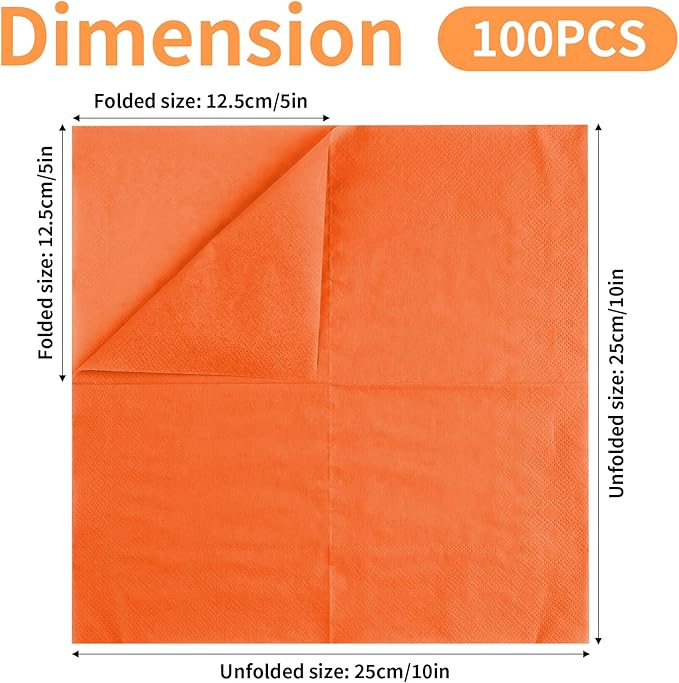 100 Pack Cocktail Napkins Disposable, 2-Ply 5" x 5" Party Napkins, Square Beverage Dinner Napkin for Wedding Birthday Party Anniversary Reception Bar Event (Orange)