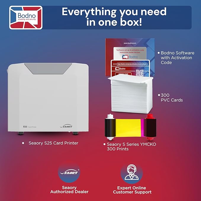 Bodno Seaory S25 Single Sided ID Card Printer & Complete Supplies Package ID Software - Silver Edition