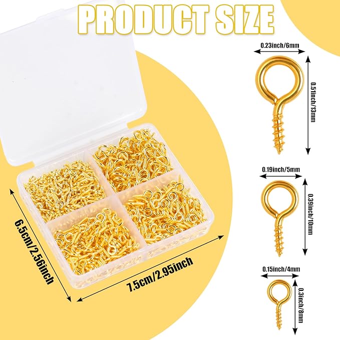 720PCS Small Screw Eye Pins, 3 Styles of Mini Eye Screws, Eyelet Pins Hooks for DIY Crafts, Art Projects, Tiaras and Jewelry Making - Gold