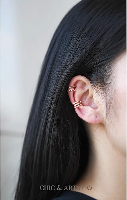 CHIC & ARTSY 925 Sterling Silver Ear Cuffs for Women, Non Piercing Clip On Cartilage Cuffs, Adjustable Fake Conch & Helix Earrings, Gold Plated & Oxidized Various Styles