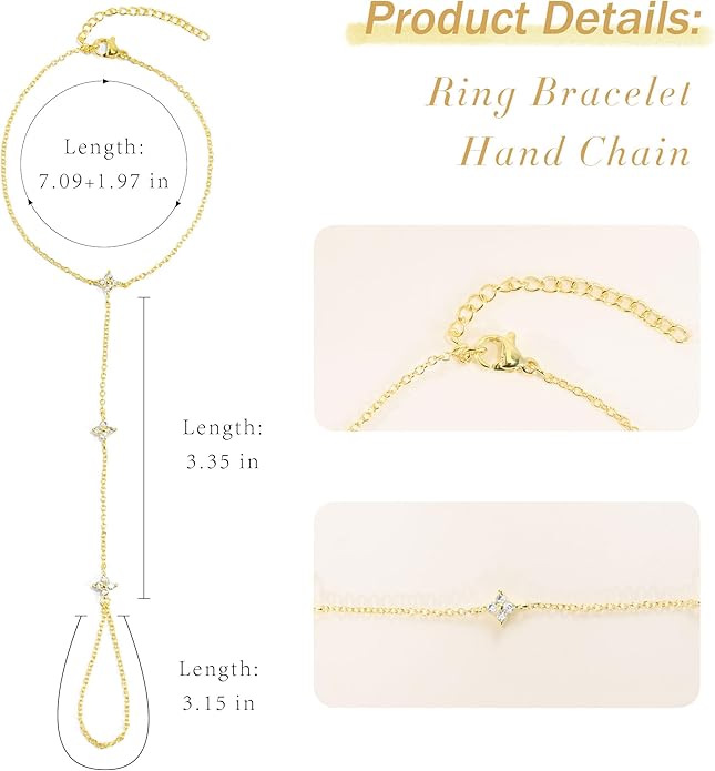 Hand Chain Bracelet, Adjustable Hand Jewelry Chain Bracelet with Ring, Trendy Gold Handchains Jewelry