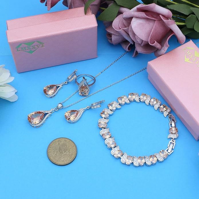 LMXXVJ Jewelry Set for Women,Teardrop Cubic Zirconia Necklace Earrings Adjustable Ring Bracelet Jewelry Set Formal Jewelry Gift