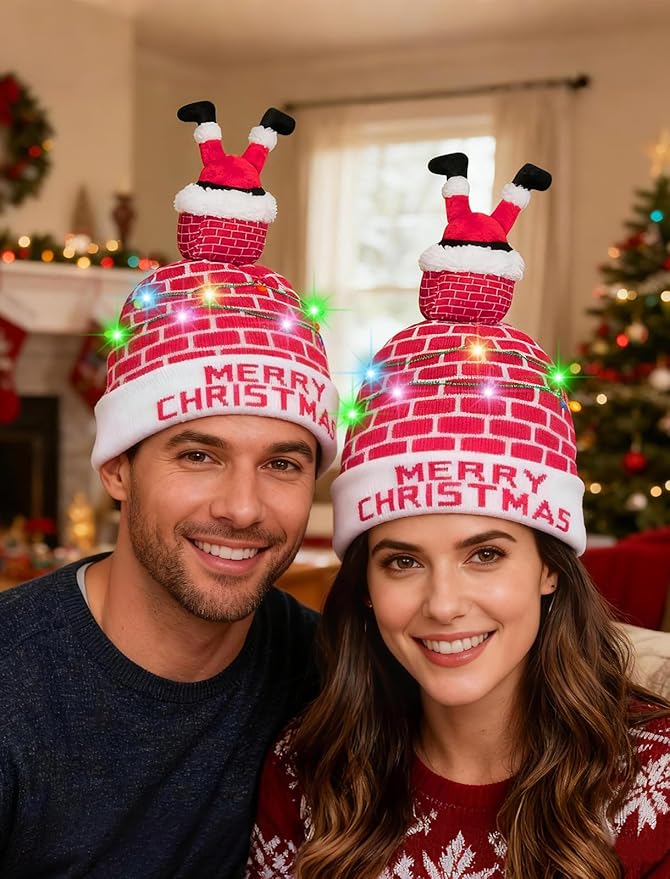 RAISEVERN Unisex Ugly LED Christmas Hat Novelty Colorful Light-up Stylish Knitted Sweater Xmas Party Beanie Cap(6 Lights)