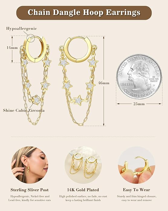 Tassel Chain Small Gold Hoop Dangle Earring For Women Huggie Earring Heart Star CZ 14K Gold Plated Fashion Jewelry Friendship Gift