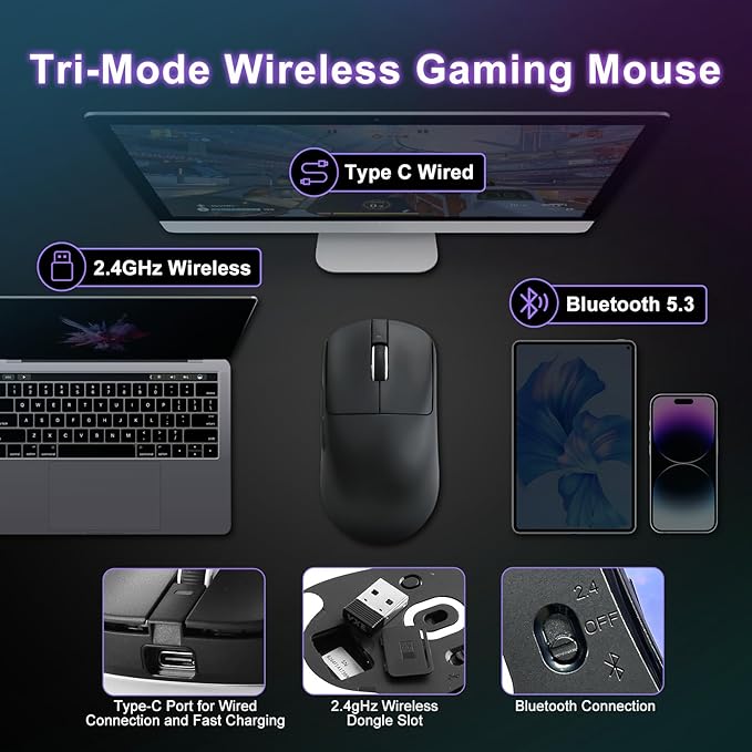 R1 SE+ Gaming Mouse, 18000 DPI, High-Precision PAW3395 SE Sensor,55g Lightweight,Three Connection Modes Wireless Mouse, Programmable Ergonomic Mouse Suitable for Laptops/PC/Mac (Black)