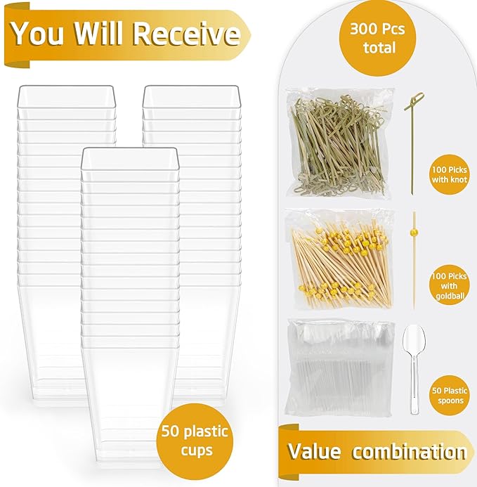 50 Pcs 5 oz Plastic Appetizer Charcuterie Cups with 200 sticks, Clear Dessert Cups with 50 Spoons, Disposable Fruit Parfait Salad Cup for Party