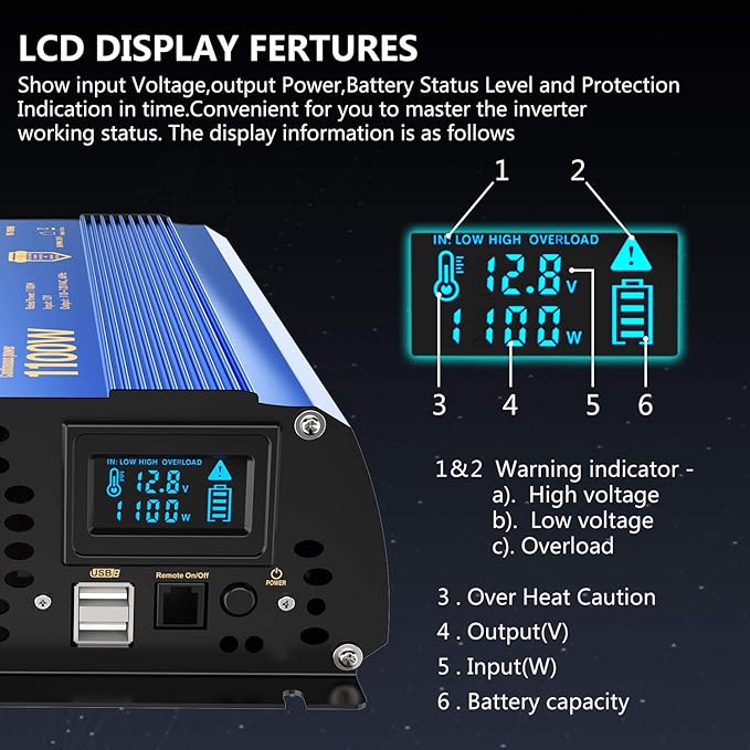 Power Inverter 1100 watt 12V DC to 110V 120V AC 1000w Inverter with LCD Display Remote Control 2AC Outlets Dual 2.4A USB Ports Compatible with Lithium Battery for Car RV Truck Boat by VOLTWORKS