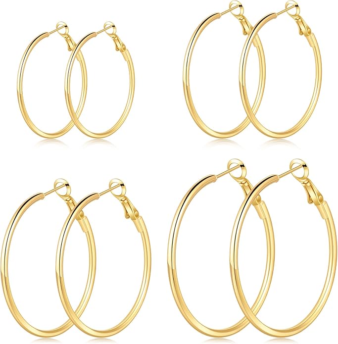 4/6 Pairs Gold Silver Hoop Earrings for Women 14K Gold Plated Hypoallergenic 2mm Thin Hoops Stainless Steel Lightweight Dangle Set 30/40/50/60mm
