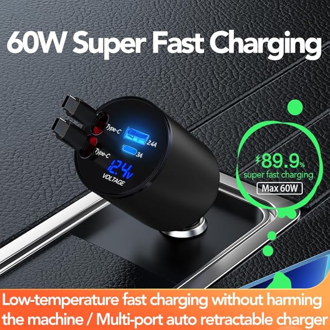 Retractable Car Charger, 4 in 1 Super Fast Car Phone Charger 60W, 2 Retractable Cables and 2 USB Ports Car Charger Adapter,Compatible with iPhone 16/15/14/13/12/11,Air-Pods 4,Galaxy,Pixel