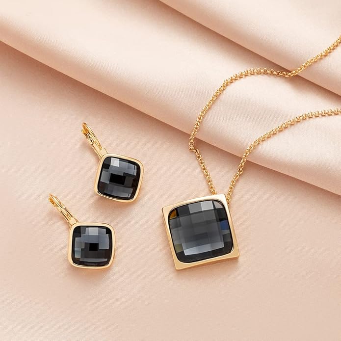 EVEVIC Square Austrian Crystal Necklace Earrings for Women Fashion 18K Gold Plated Hypoallergenic Jewelry Set