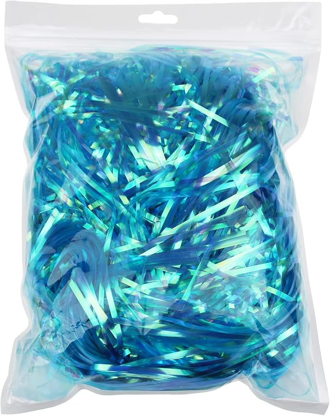 250 Grams Shiny Iridescent Film PP Hamper Shreds & Strands Shredded Crinkle Confetti for DIY Gift Wrapping & Basket Filling (Blue)