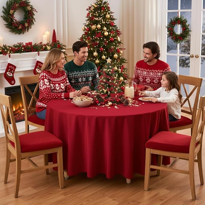 sancua Round Tablecloth - 120 Inch - Water Resistant Spill Proof Washable Polyester Table Cloth Decorative Fabric Table Cover for Dining Tables, Buffet Parties and Camping, Red