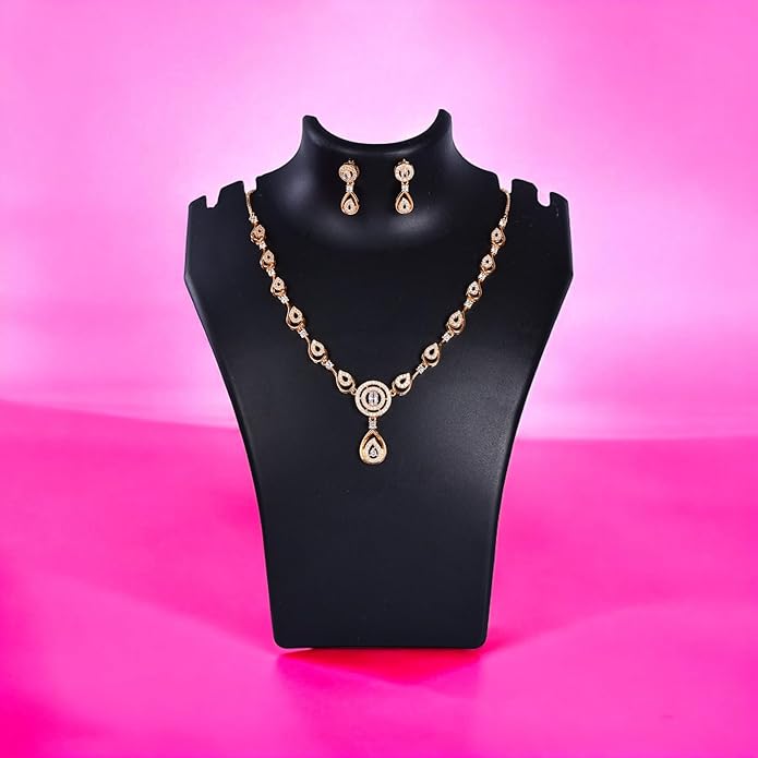 Nilu's Collection American Diamond Stone Studded | Rose Gold/Silver Plated | Anti Tarnish Jewellery Set for Women | Matching Earrings Perfect for Weddings and Special Occasions