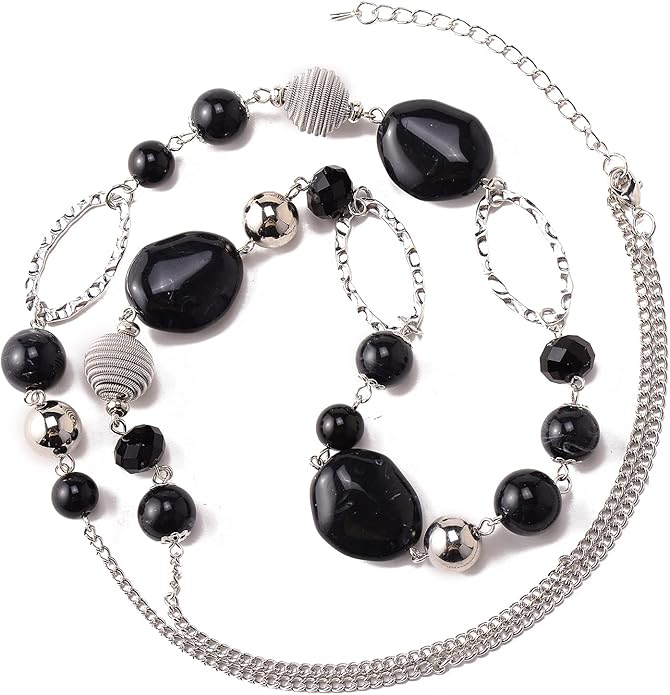BULINLIN Beaded Long Necklace for Women Silver Sweater Chain Necklace with Crystal Resin Beads, Fashion Jewelry Necklace