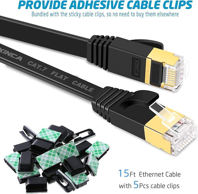 Cat 7 Flat Ethernet Cable 15ft Black, High Speed 10GB Shielded (STP) LAN Internet Network Cable Ethernet Patch Computer Cable with Rj45 Connectors and 5pcs Adhesive Cable Clips
