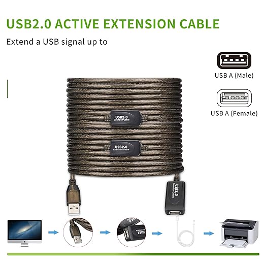 100 FT USB Extension Cable, USB 2.0 Type A Male to A Female Active Repeater Extension Cable 100ft, High Speed 480 Mbps