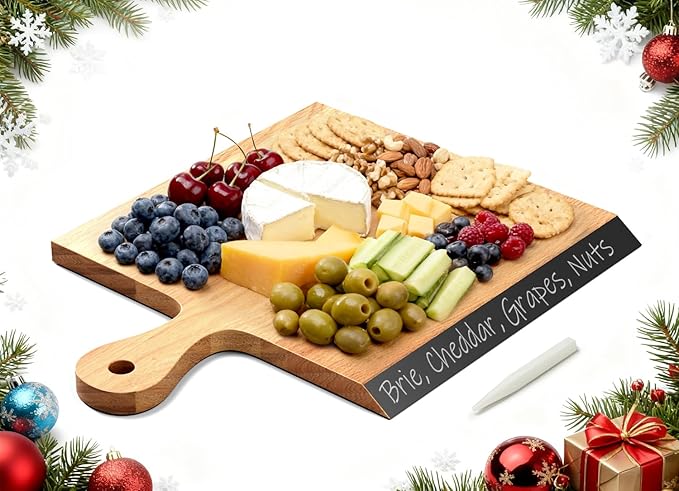 Acacia Wood Cutting Board with Handle, 2-in-1 Reversible Charcuterie Board & Chopping Board, Large 17"x13" Chalkboard Edge Serving Board for Meat & Cheese, Fruit and Nuts, Christmas Gift