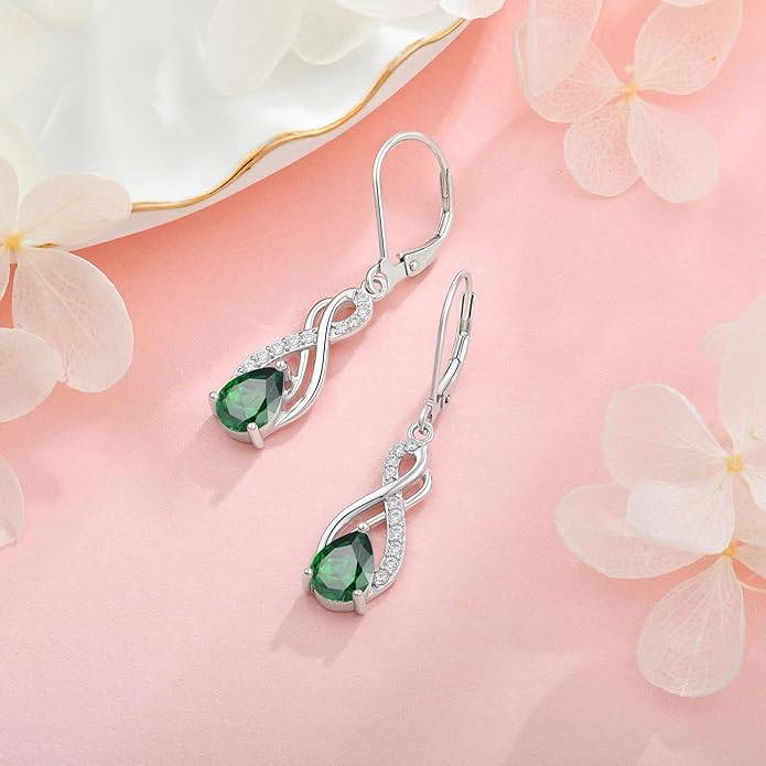 Infinity Love Birthstone Earrings for Women 925 Strling Silver 5A Cubic Zirconia Dangle Drop Leveback Earrings Jewelry Birthday Christmas Day Gifts for Her