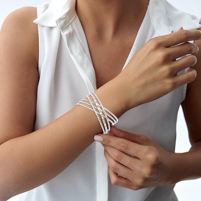 Rhinestone Bracelet Multilayer Cuff Bracelet Sparkling Crystal Layered Bridal Bracelets for Women