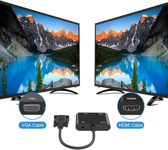 VGA to HDMI VGA Audio Video Cable Adapter Converter Splitter with 3.5mm Audio USB Power for 2 Monitors, Computer, Desktop, Laptop, PC, Projector, HDTV 1080P, Plug and Play