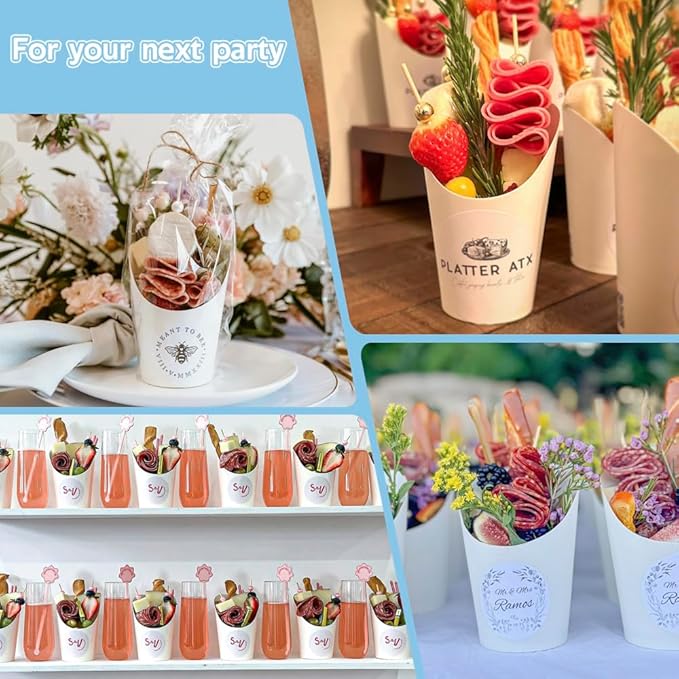 12oz White Charcuterie Cups 50 Pcs, 100 Sticks + 50 Plastic Bags + 50 Labels, Disposable Charcuterie Cups with Sticks and Bags, Individual French Fry Cup Paper Appetizer Cup for All Parties