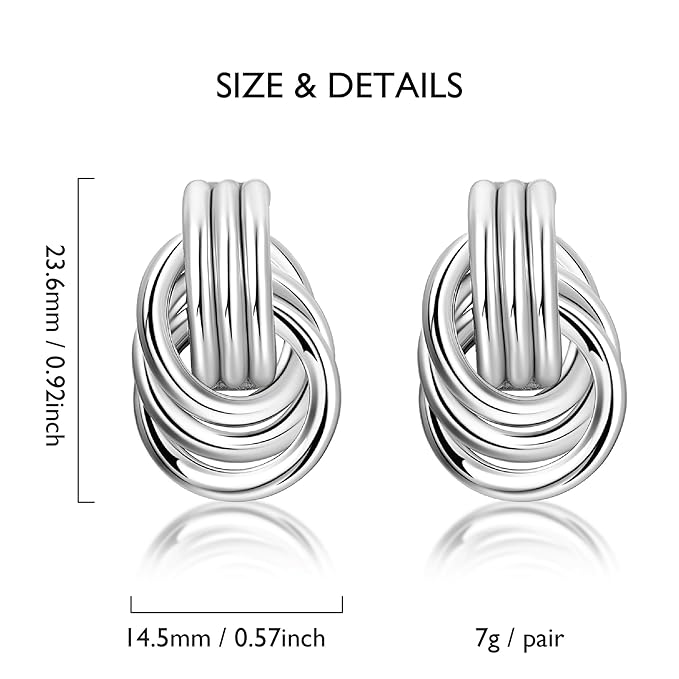 Chunky Silver Knot Link Earrings,Statement Circle Drop Dangle Design, Fashion Jewelry for Women