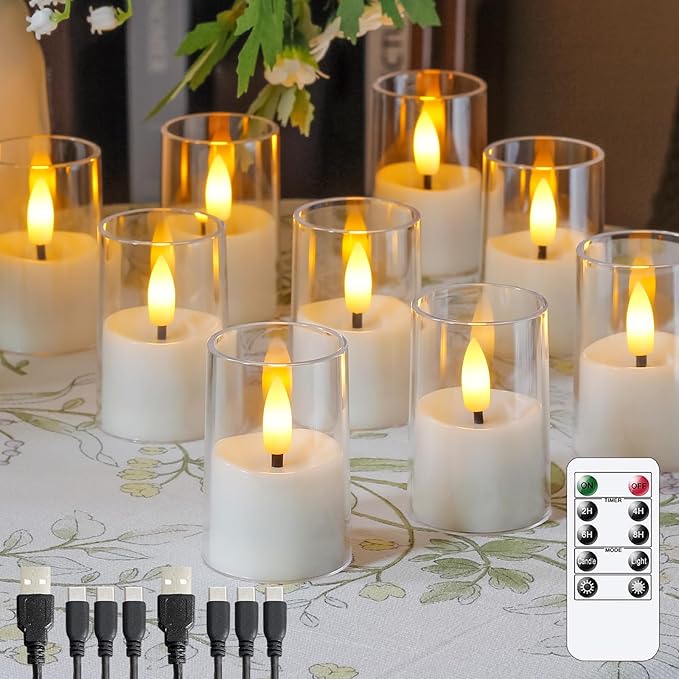Rechargeable Acrylic Flameless Votive Candles with Timer & Remote Control, 1.7" x2.5" Flickering LED Warm Glow Tealight for Home, Wedding, Holiday Decor (Set of 9, White)